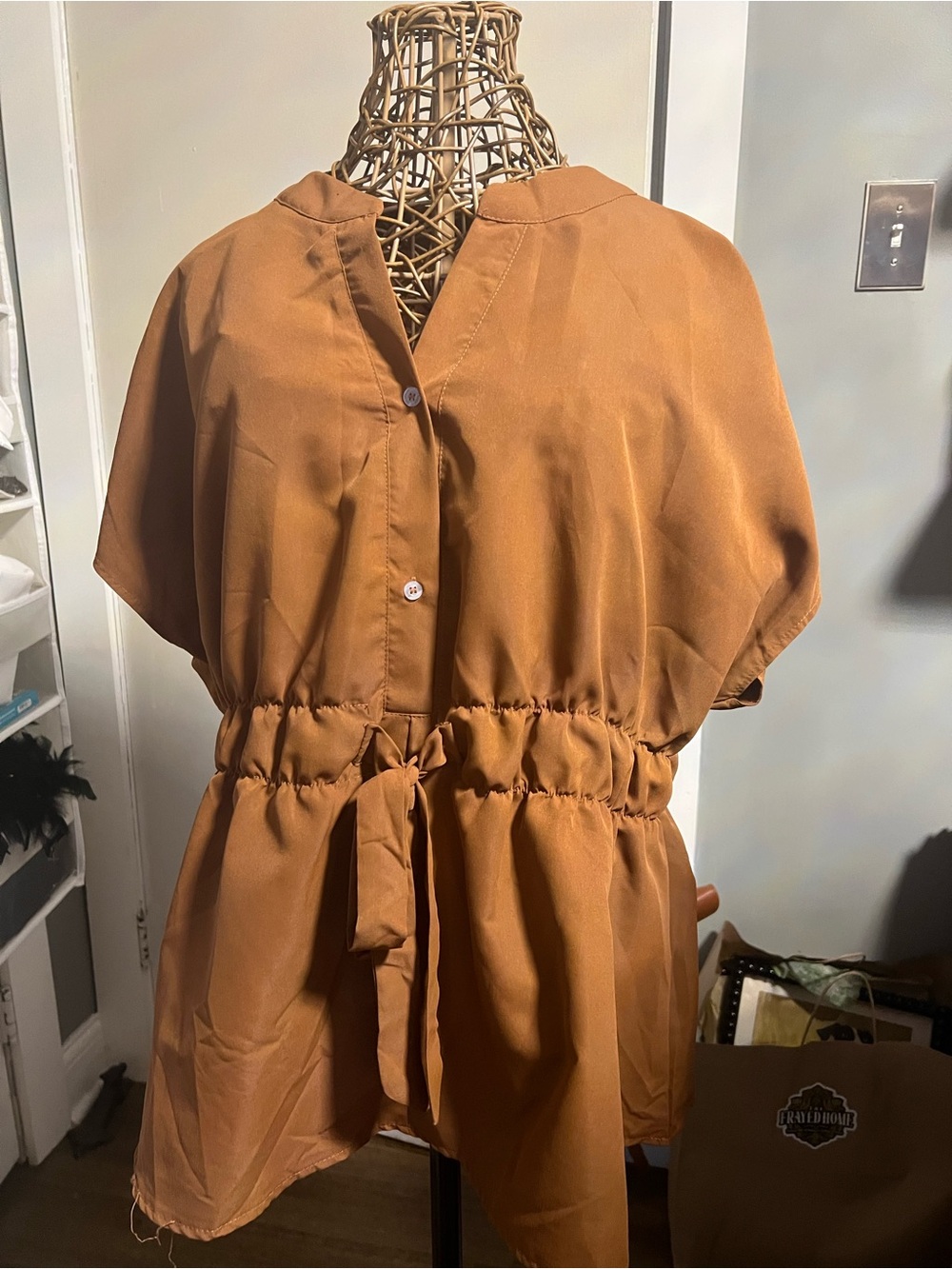 SHEIN Rust Brown Button-Front Drawstring Waist Top